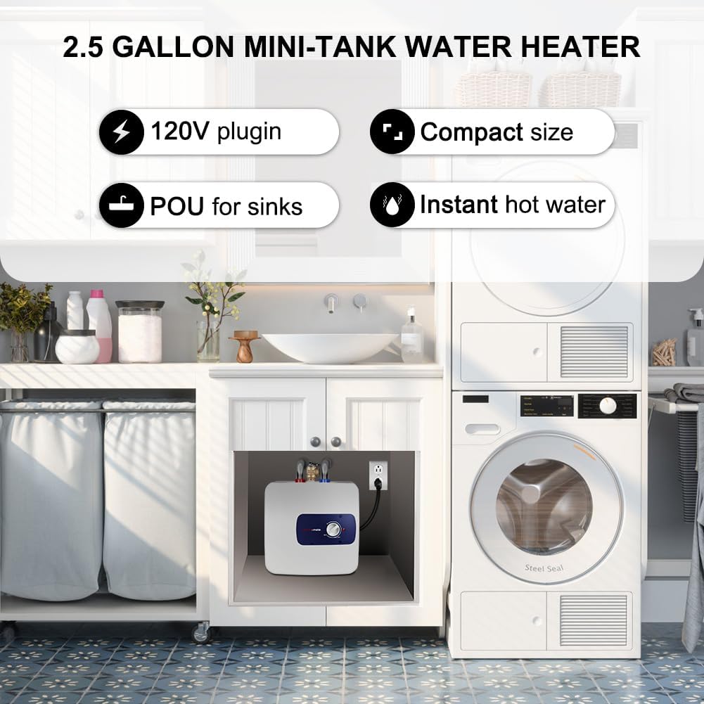thermomate mini electric water heater, 1.32 gallon small under sink water heater, instant hot