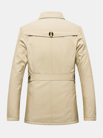 Mens Cotton Thick Plush Lined Button Front Lapel Warm Overcoats With Pocket
