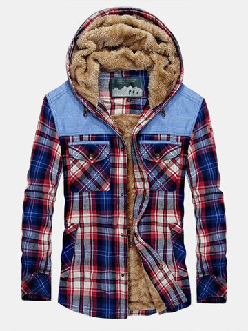 Mens Plaid 100% Cotton Plush Lined Thick Snap Button Shirt Hooded Overcoats