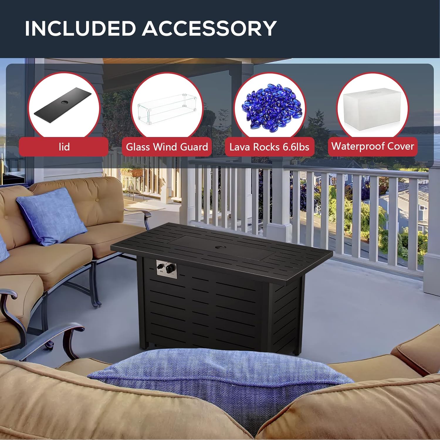 R.W.FLAME Blue Glass Stone Tempered Glass Storm Screen Rain Propane Fire Pit Table