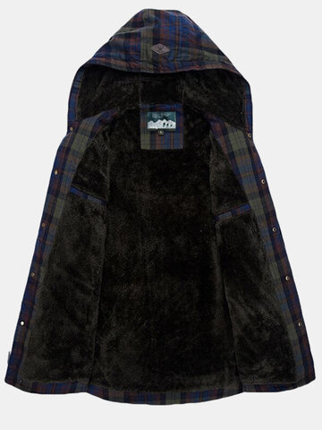 Mens Plaid 100% Cotton Plush Lined Thick Snap Button Shirt Hooded Overcoats