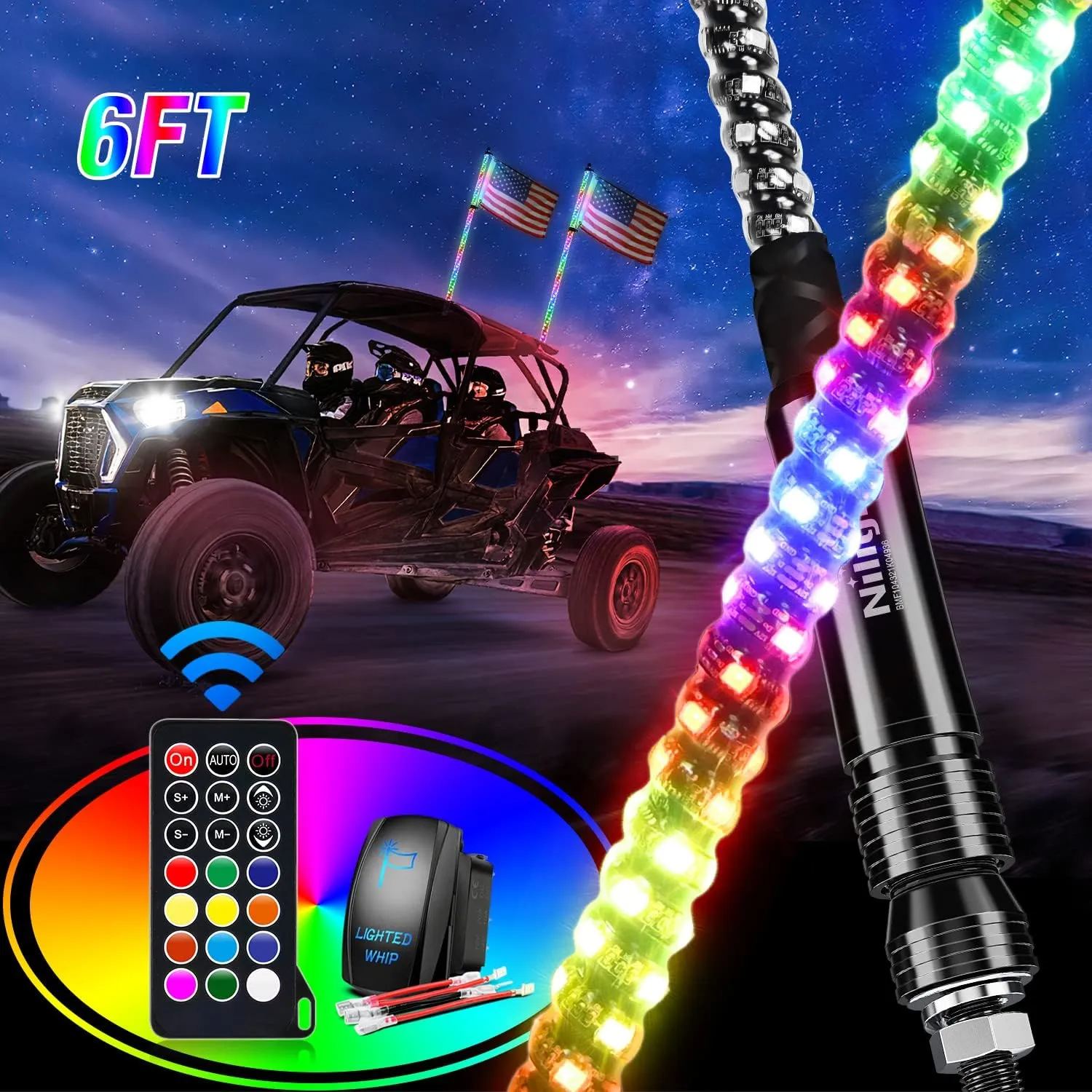 Nilight 2PCS 6FT Spiral RGB Led Whip Light RF Remote Control Lighted Antenna Whips