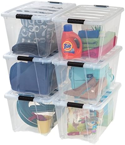 IRIS USA 54 Qt Stackable Plastic Storage Bins with Lids  6 Pack – BPA-Free  Made in USA – See-Through Organizing Solution  Latches  Durable Nestable Containers  Secure Pull Handle – Clear