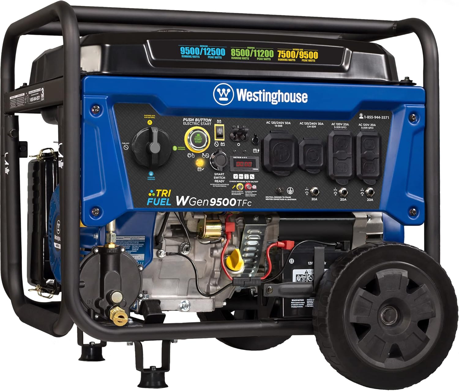 Equipment 12500 Peak Watt Tri-Fuel Home Backup Portable Generator, Remote Electric Start, Transfer Switch Ready, Gas, Propane, and Natural Gas Powered