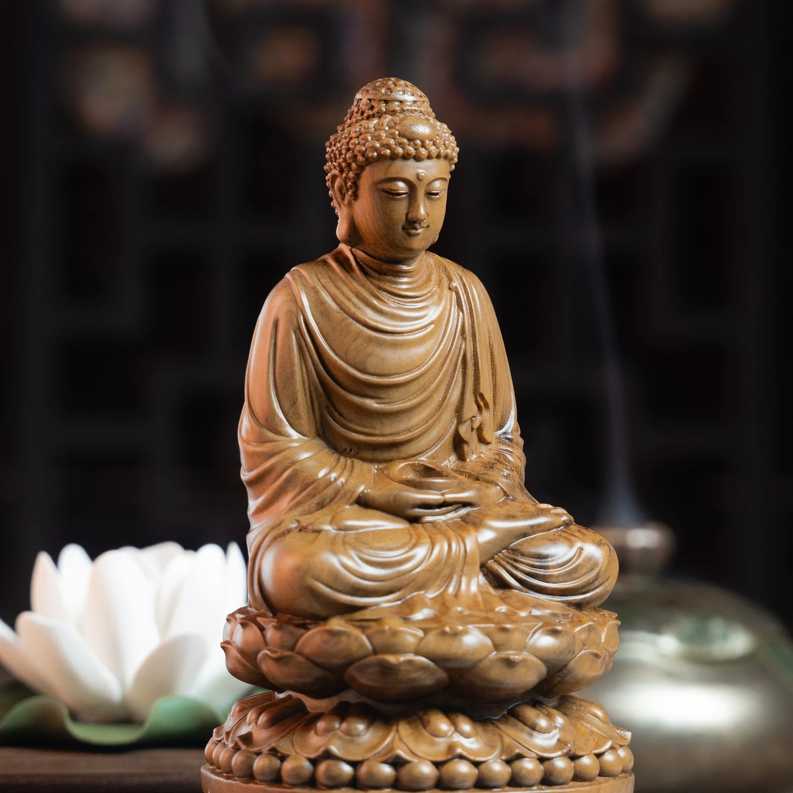 Wooden Sitting Gautama Buddha Statue Shakyamuni Meditating Buddha