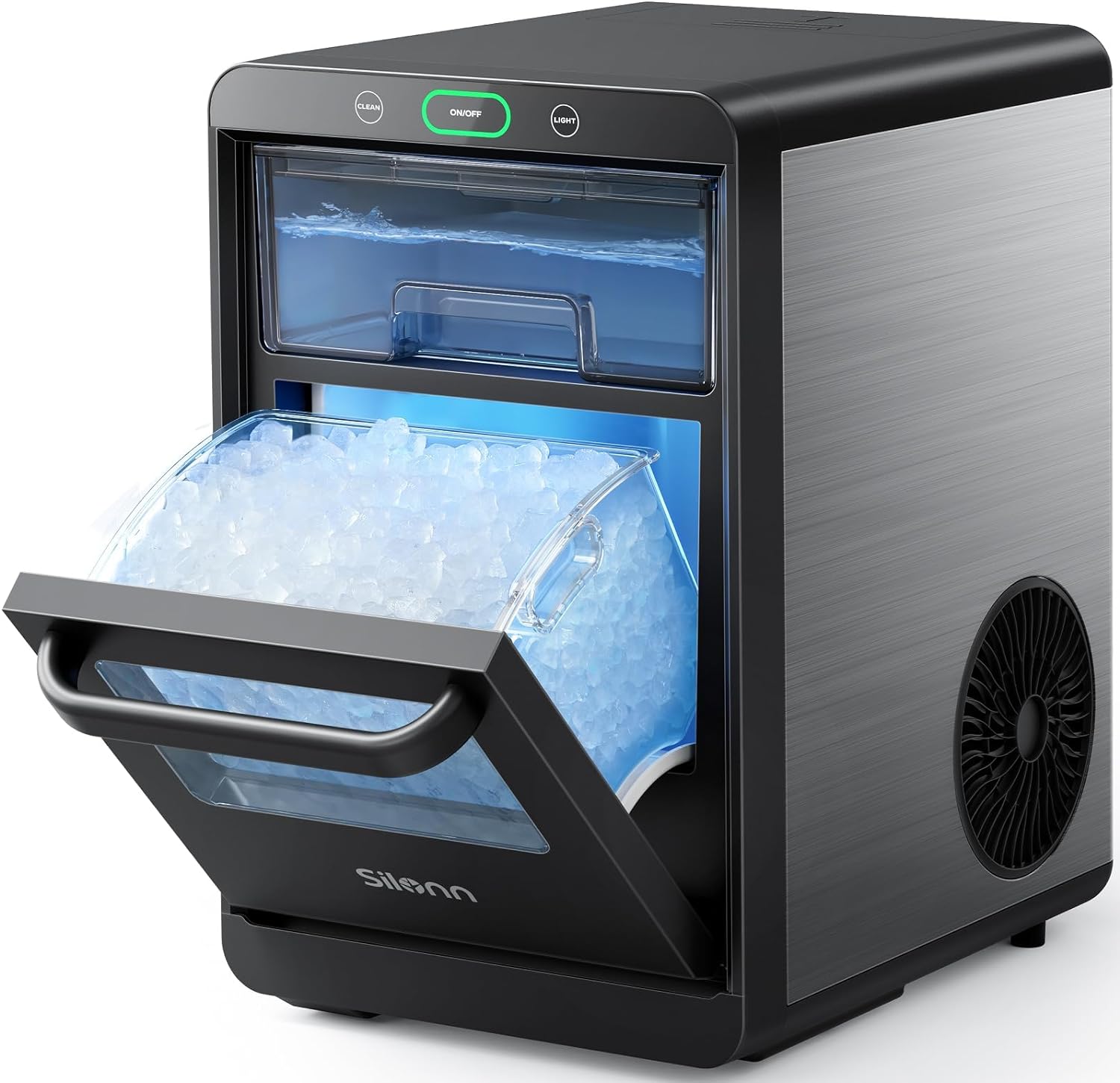 Nugget Ice Maker Countertop Pebble Ice Maker Machine Crushed Ice, Pellet Ice 44 lbs per Day, Pull-Out Water Tank and Removable Ice Basket for Home, Kitchen, Stainless Steel