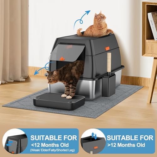 Stainless Steel Litter Box with Lid Front Entry Top Exit Kitty Litter Box Extra Large Enclosed Metal Litter Box with Litter Scoop & Litter Mat-Black