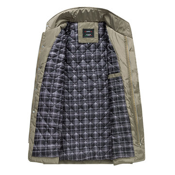 Men’s Casual Business Windproof Thicken Multi Safe Zipper Pockets Plaid Warm Trench Coat
