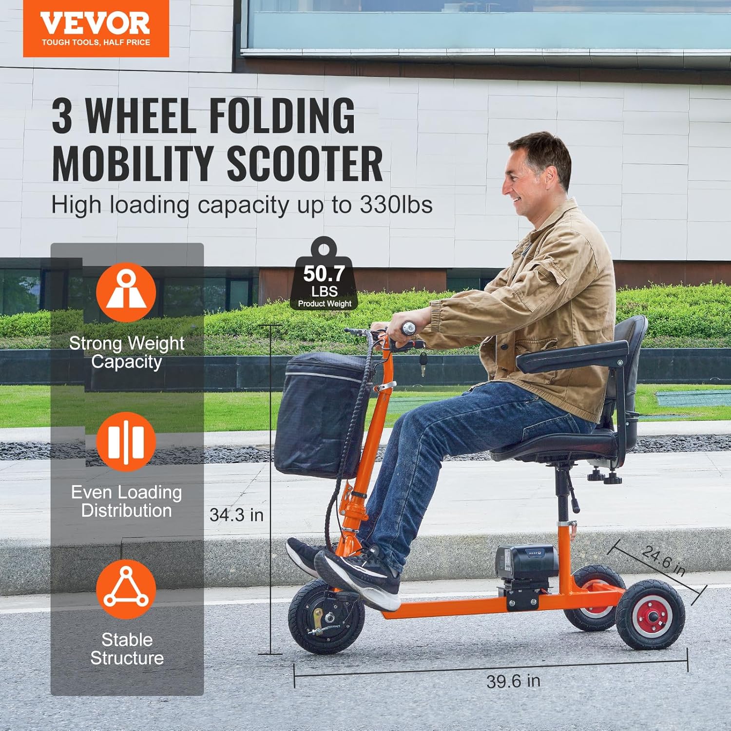 VEVOR Portable 3 Wheel Senior Mobility Scooter - Foldable, 12 Mile Range