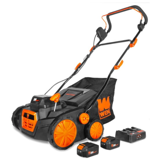 WEN 20V Max Cordless 15-Inch 2-in-1 Brushless Electric Dethatcher and Scarifier