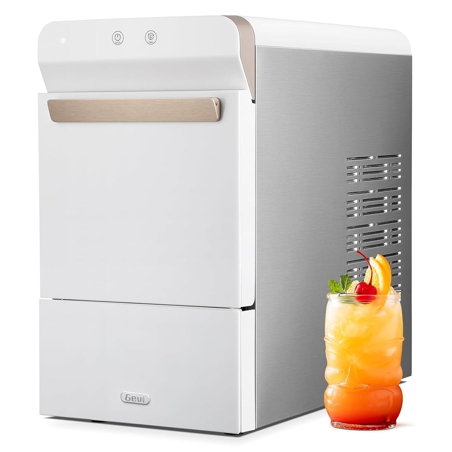 V2.0 Countertop Gemi Nugget Ice Maker | Self-Cleaning Pellet Ice Machine | Open and Pour Water Refill | Stainless Steel Housing | Fit Under Wall Cabinet | White