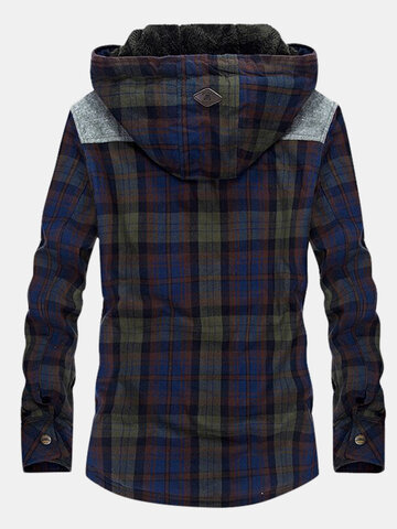 Mens Plaid 100% Cotton Plush Lined Thick Snap Button Shirt Hooded Overcoats