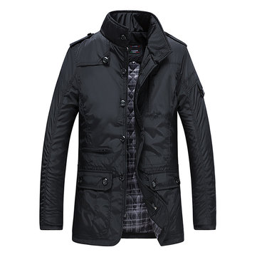 Men’s Casual Business Windproof Thicken Multi Safe Zipper Pockets Plaid Warm Trench Coat