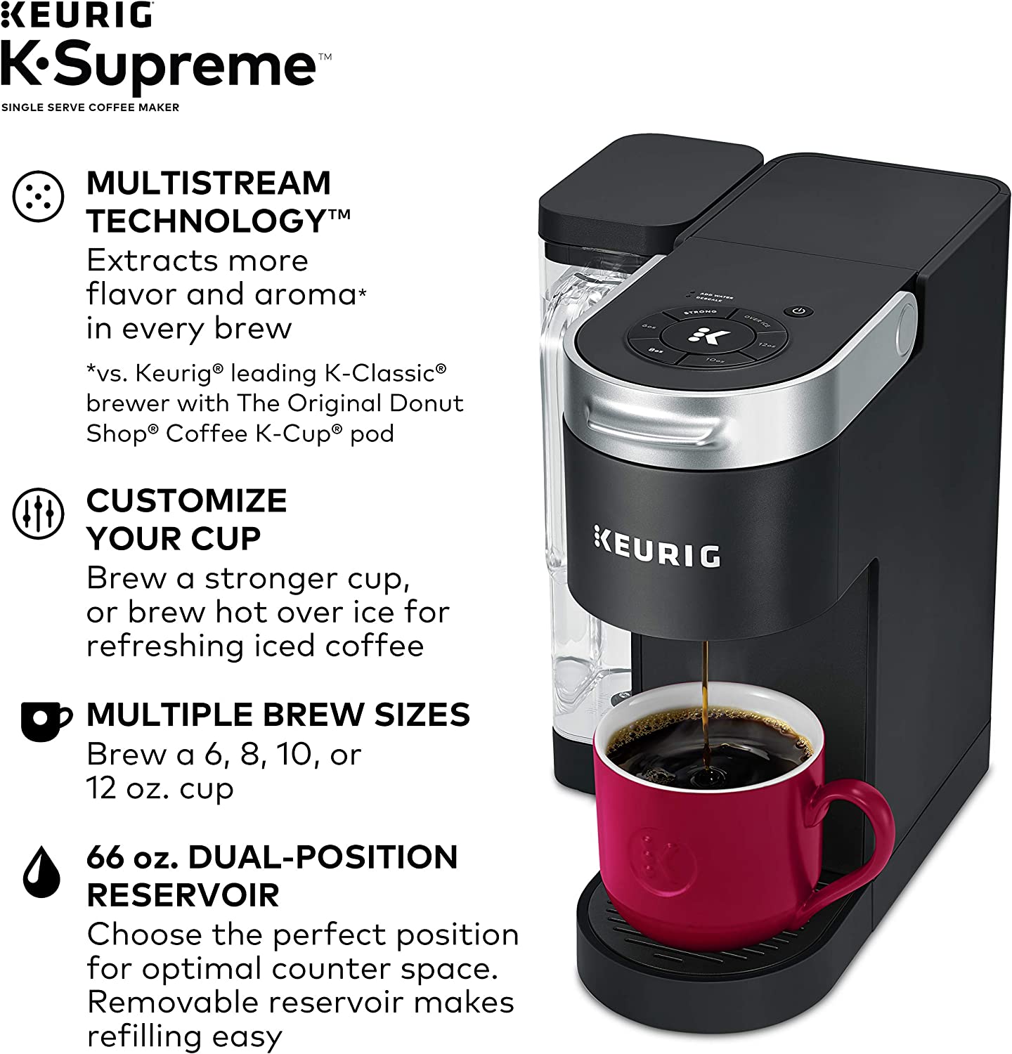 Keurig K-Supreme Coffee Maker, Single Serve K-Cup Pod Coffee Brewer, With MultiStream Technology, 66 Oz Dual-Position Reservoir, and Customizable Settings, Black💝 Last Day For Clearance