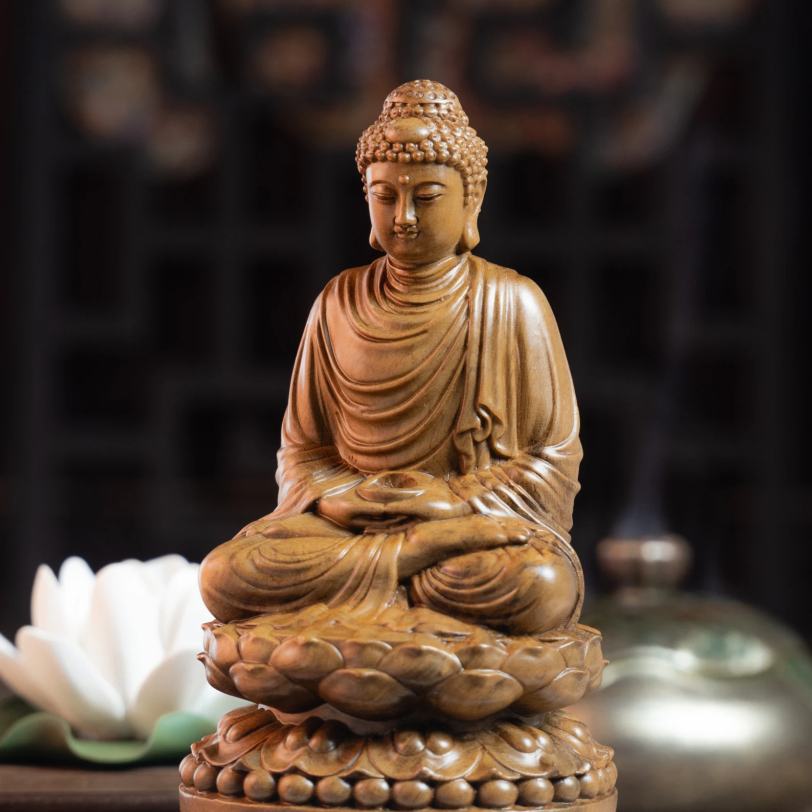 Wooden Sitting Gautama Buddha Statue Shakyamuni Meditating Buddha