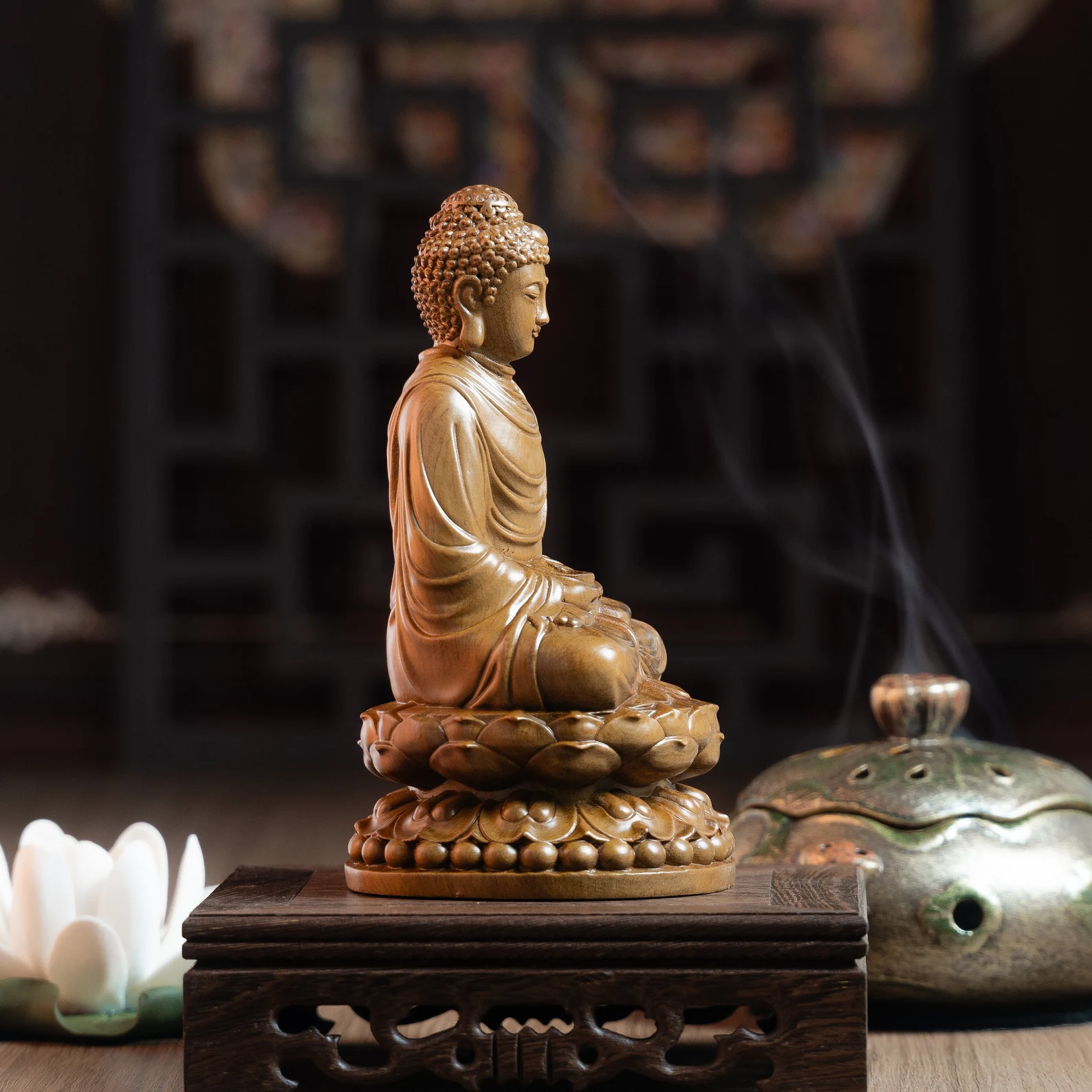 Wooden Sitting Gautama Buddha Statue Shakyamuni Meditating Buddha
