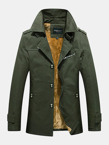 Mens Cotton Thick Plush Lined Button Front Lapel Warm Overcoats With Pocket