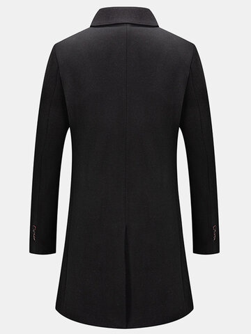 Mens Woolen Solid Business Single-Breasted Windbreaker Mid-Length Overcoat