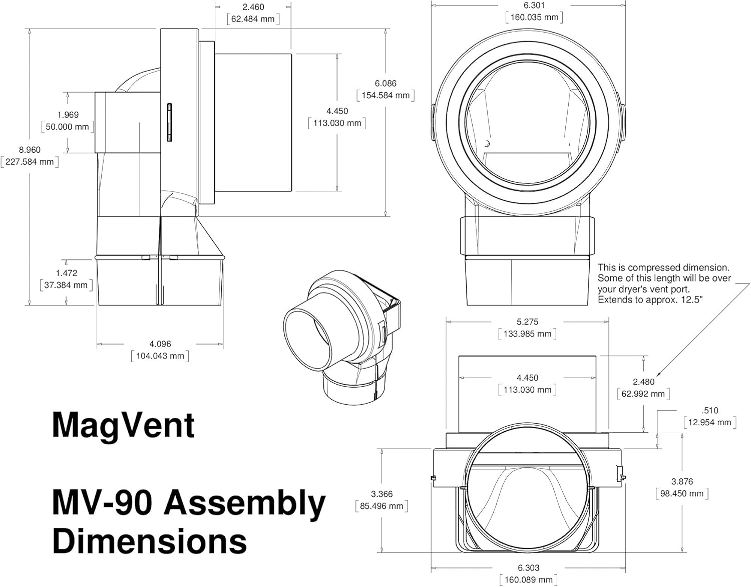 MV-90 Magnetic Dryer Vent Coupling with UL 2158A Dryerflex Hose – Efficient 90° Venting Solution