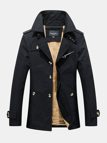 Mens Cotton Thick Plush Lined Button Front Lapel Warm Overcoats With Pocket