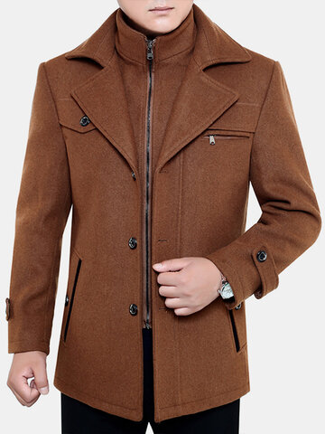 Mens Thicken Tweed Lapel Casual Regular Fit Double Collar Overcoat