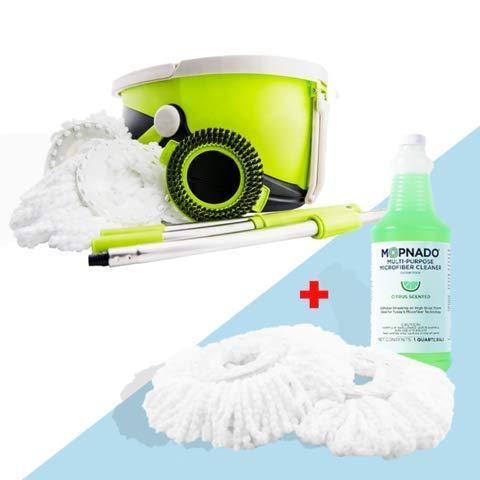 MOPNADO – Deluxe Stainless Steel Rolling Spin Mop System with 2 Replacement Microfiber Mop Heads and Brush Attachment – Walkable with Wheels – Perfect For All Floor Types – Multipurpose Home Use