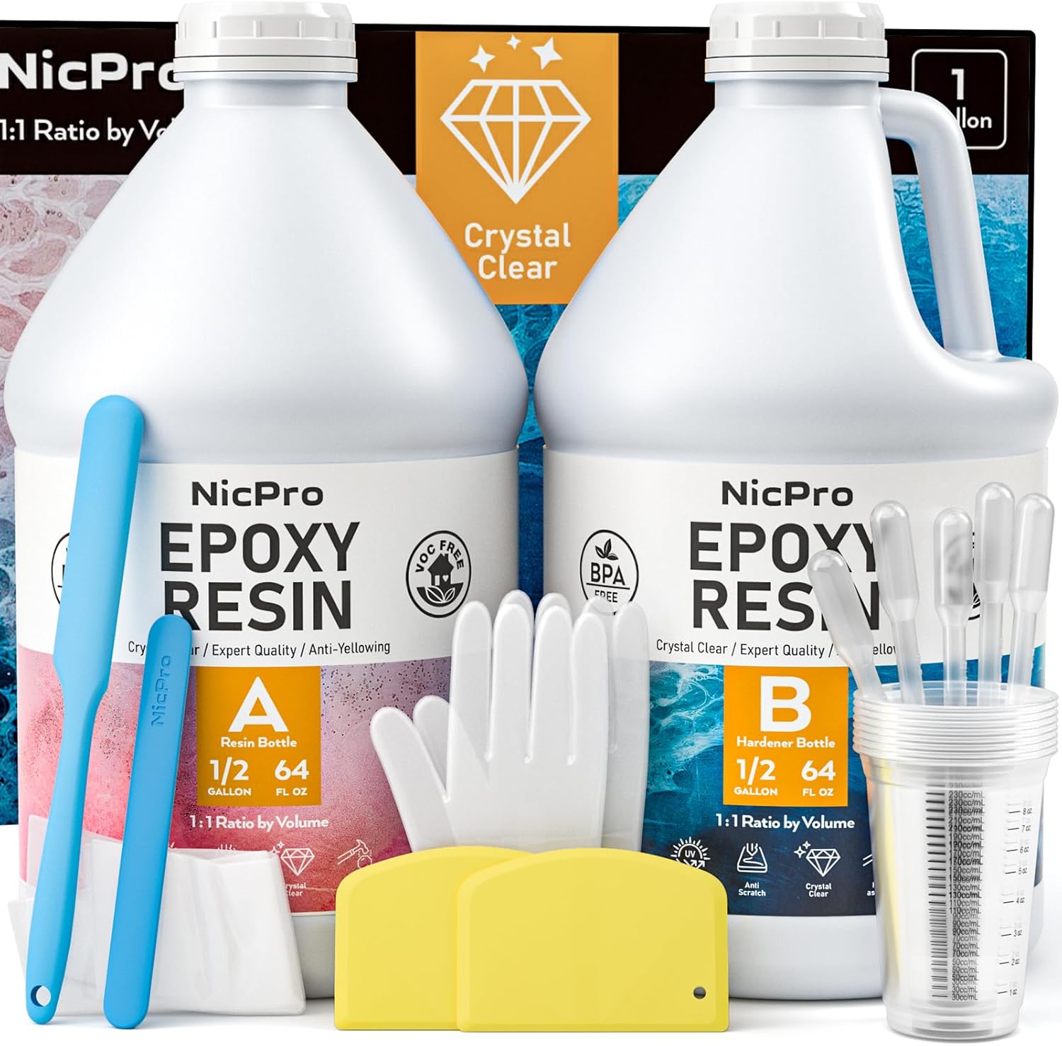 4 Gallon Crystal Clear Epoxy Resin Kit, High Gloss & Bubbles Free Resin Supplies for Coating and Casting, Craft DIY, Wood, Table Top, Bar Top, Molds, River Tables with Cups, Sticks, Gloves