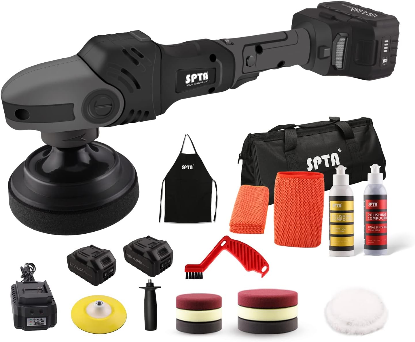Cordless Car Polisher, 15mm Orbit 2000-4800 OPM Portable Buffer Polisher with 7 Variable Speed 2Pcs 4.0Ah Battery, 6 Sponge Pads,2 Wool Pad, Tool Bag for Car Polishing, Waxing
