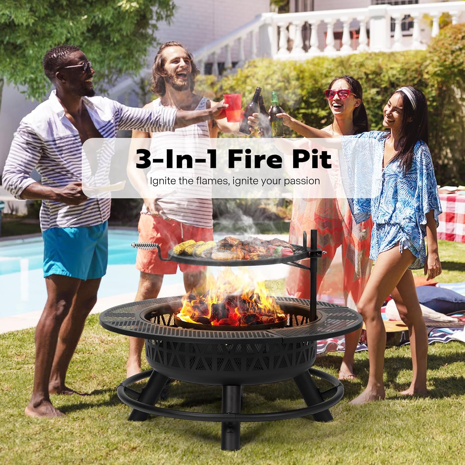 VIVOHOME 35 Inch Metal Table Cooking Grill Wood-Burning Fire Pit