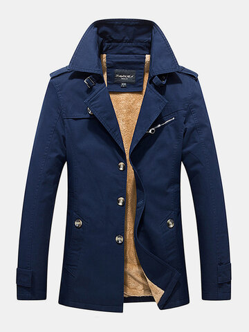 Mens Cotton Thick Plush Lined Button Front Lapel Warm Overcoats With Pocket