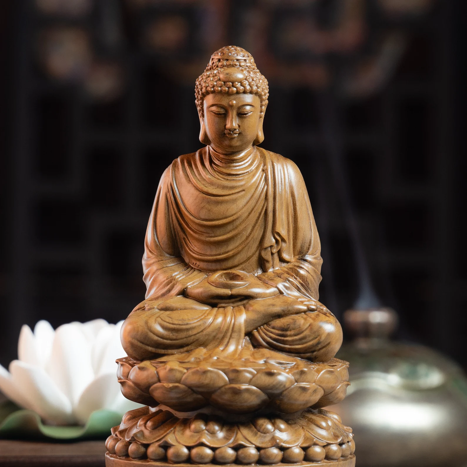 Wooden Sitting Gautama Buddha Statue Shakyamuni Meditating Buddha