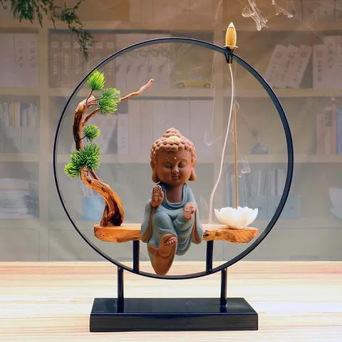 Sitting Buddha Round Big Backflow Incense Burner With Tree And Lotus Stick Holder