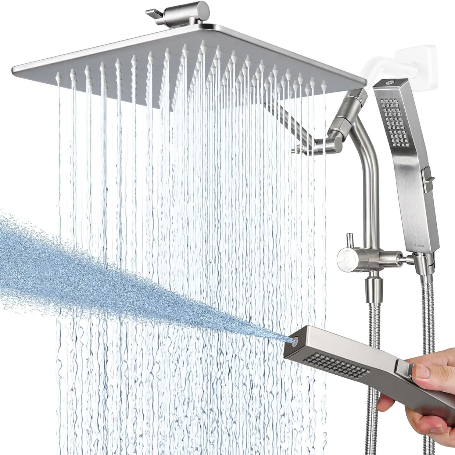 G-Promise All Metal 12'' Rain Shower Head with Handheld Built-in Power Wash Mode 3-way Diverter