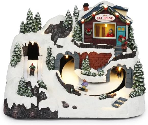 Alpine Corporation Animated Christmas Ski Resort Holiday Tabletop Decor with 12 Warm White LED Lights