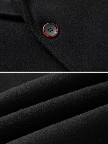 Mens Woolen Solid Business Single-Breasted Windbreaker Mid-Length Overcoat