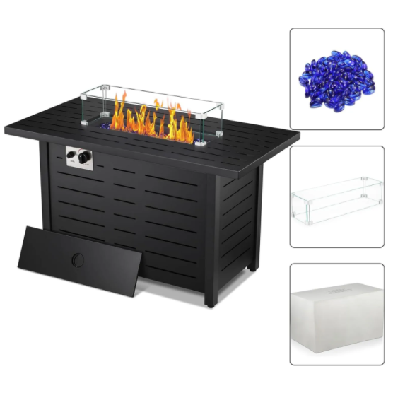 R.W.FLAME Blue Glass Stone Tempered Glass Storm Screen Rain Propane Fire Pit Table
