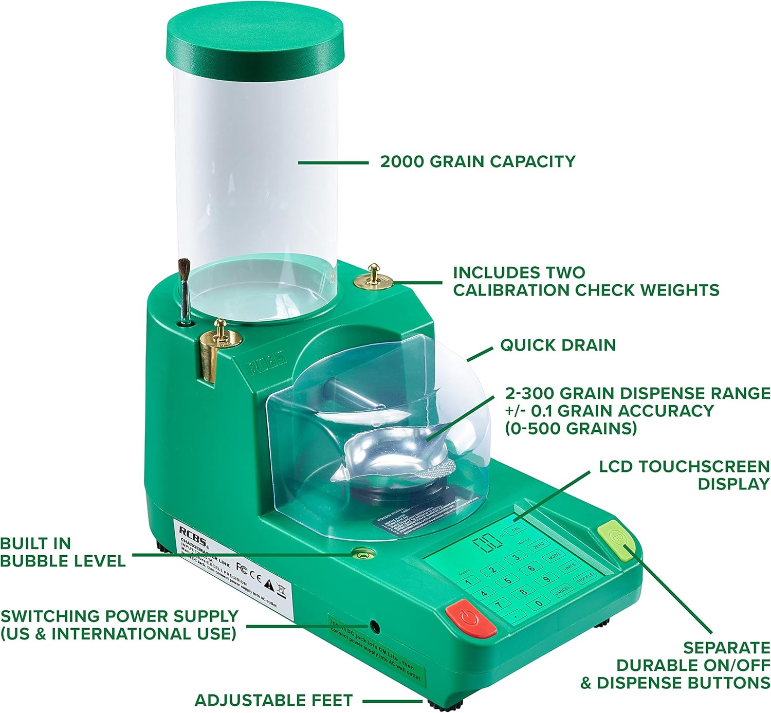 RCBS powder dispenser, Bluetooth compatible, 2000 capsules capacity, touch screen display