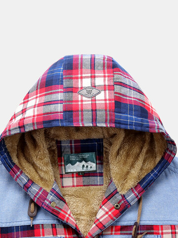 Mens Plaid 100% Cotton Plush Lined Thick Snap Button Shirt Hooded Overcoats