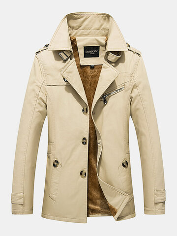 Mens Cotton Thick Plush Lined Button Front Lapel Warm Overcoats With Pocket