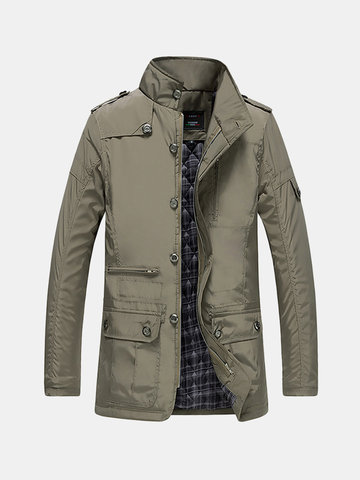 Men’s Casual Business Windproof Thicken Multi Safe Zipper Pockets Plaid Warm Trench Coat
