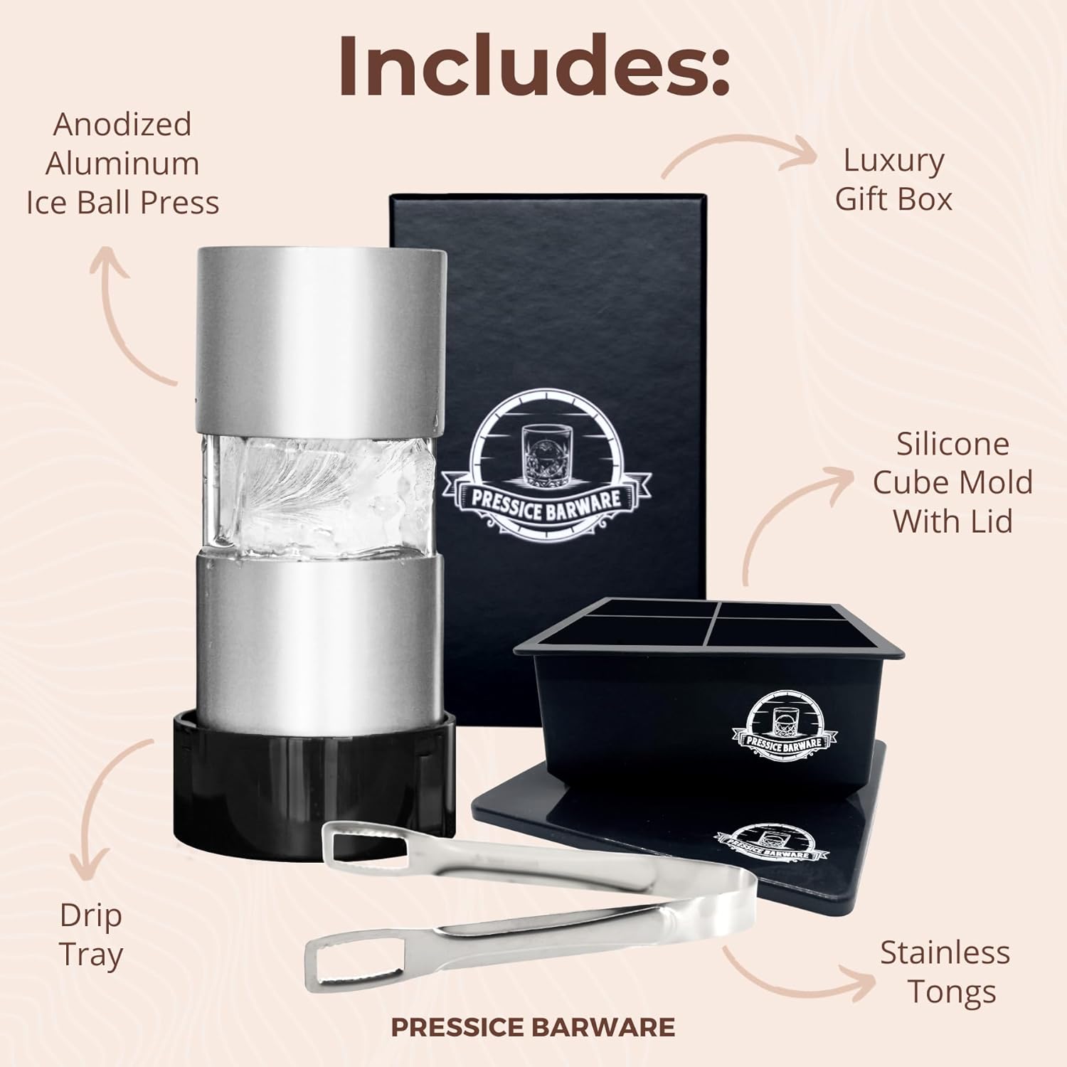 Pressice Barware Black Aircraft Grade Aluminum Ice Ball Press