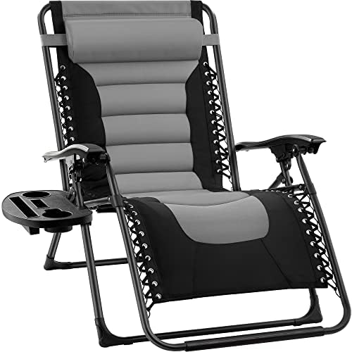 Best Choice Products Oversized Padded Zero Gravity Chair  Folding Outdoor Patio Recliner  XL Anti Gravity Lounger for Backyard w/Headrest  Cup Holder  Side Tray  Polyester Mesh – Black/Gray