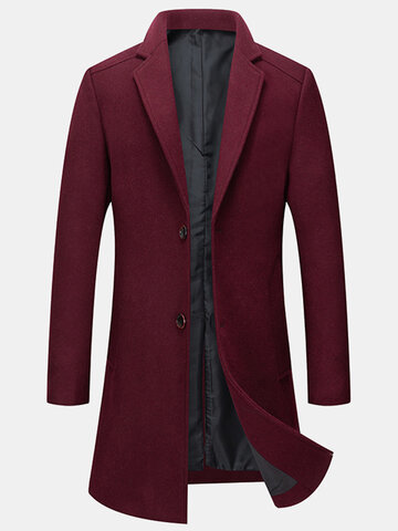 Mens Woolen Solid Business Single-Breasted Windbreaker Mid-Length Overcoat