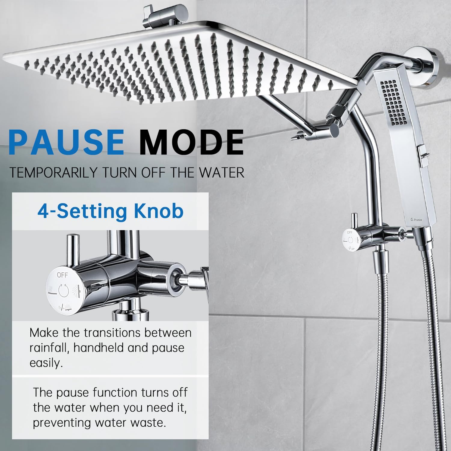 G-Promise All Metal 12'' Rain Shower Head with Handheld Built-in Power Wash Mode 3-way Diverter