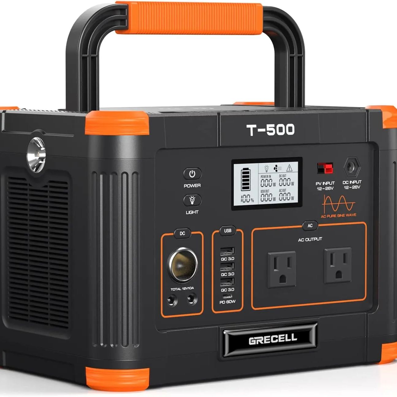 GRECELL Outdoor Solar Power Portable Power Station 500W (Peak 1000W)