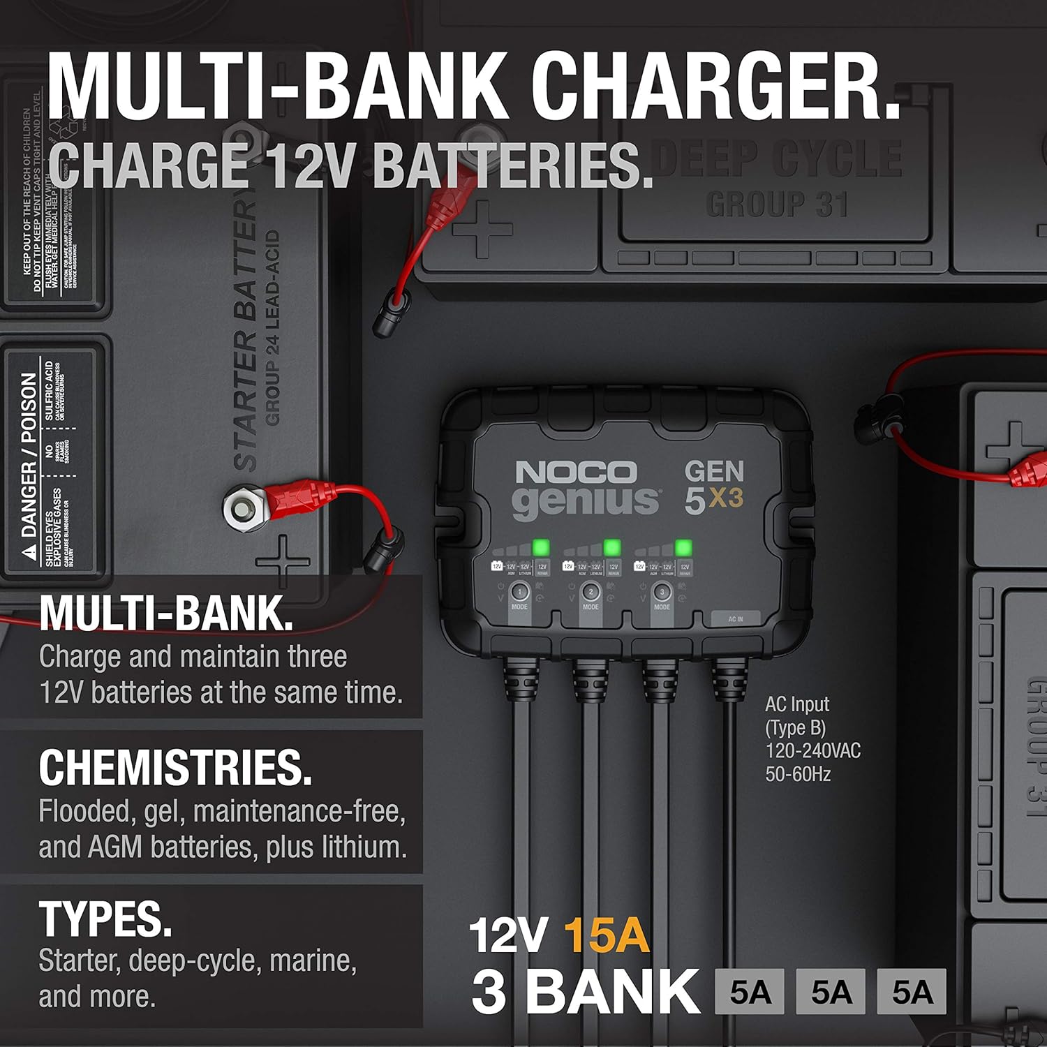 NOCO Genius GEN5X3, 3-pack 15A smart waterproof marine charger, battery maintainer, desulfurizer