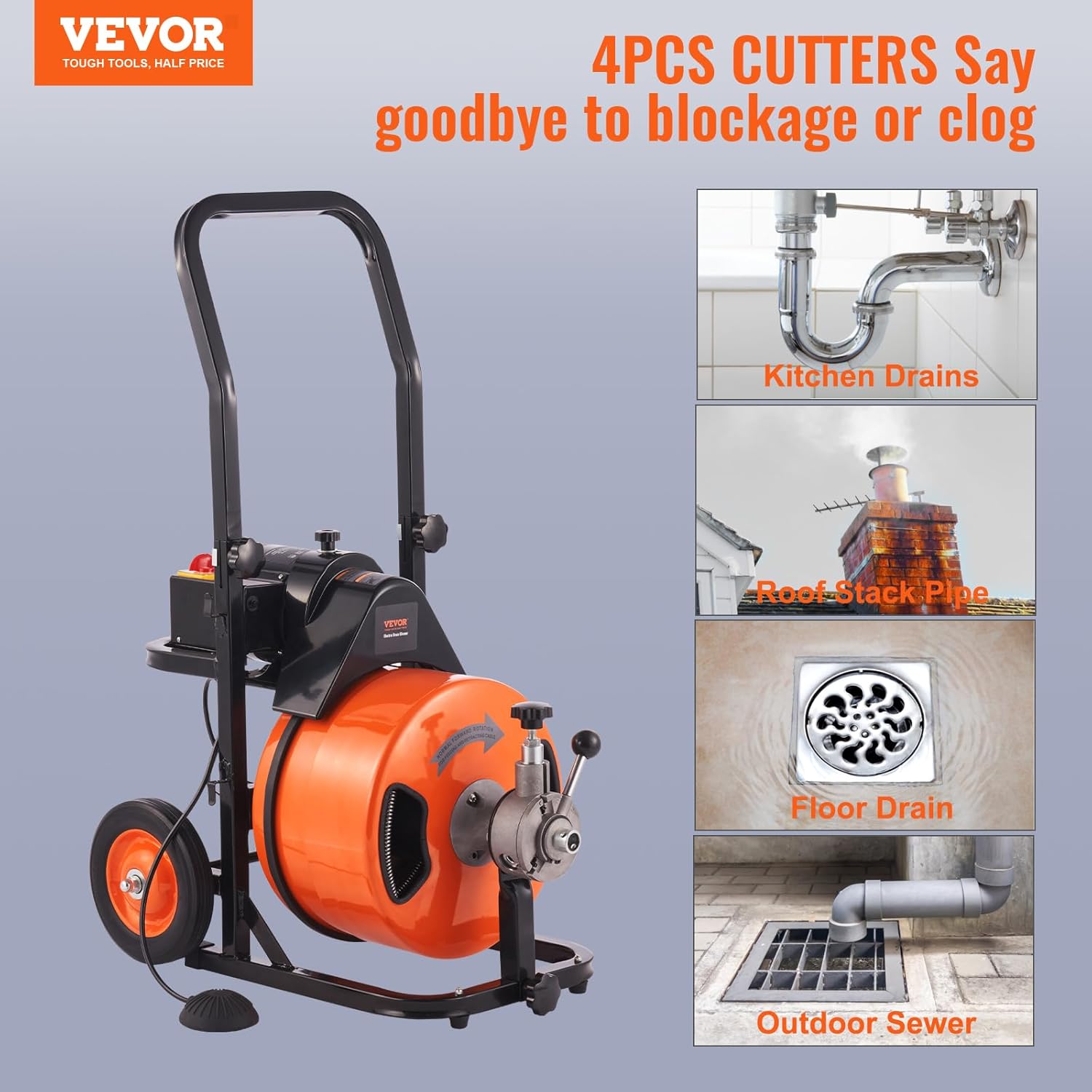 VEVOR Drain Cleaning Machine Sewer Auger Automatic Feed with 4 Cutters Pneumatic Foot Switch