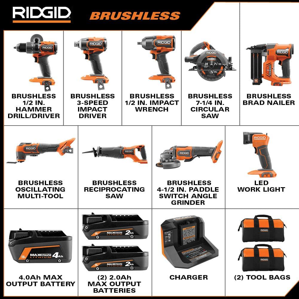 18V Brushless Cordless 9-Tool Combo Kit with (2) 2.0 Ah and (1) 4.0 Ah MAX Output Batteries, Charger, and Tool Bag R96265N
