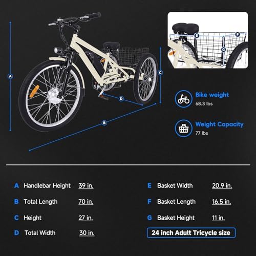 2026 26 Inch 24 Inch Adult Electric Tricycle 3 Wheel Mountain Electric Bicycle with Basket  350W Brushless Motor  36V 10Ah Removable Battery  7 Speed Ebike Trike for Men Women