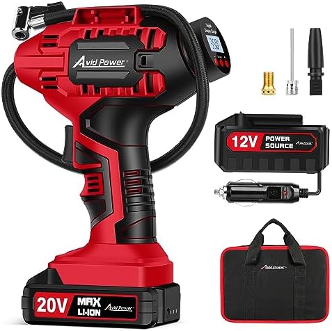 2026 AVID POWER Tire Inflator Portable Air Compressor  20V Cordless Car Tire Pump  Rechargeable Battery Powered Air Compressor w/12V DC Adapter  Digital Pressure Gauge